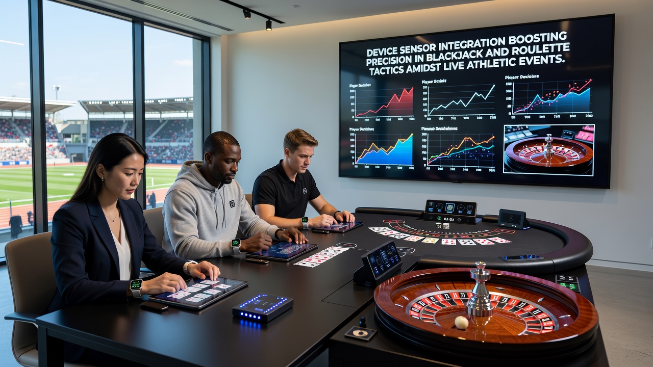 Nahaufnahme eines Tablets mit Sensor-Datenoverlay während eines Live-Roulette-Spiels und paralleler Sportübertragung