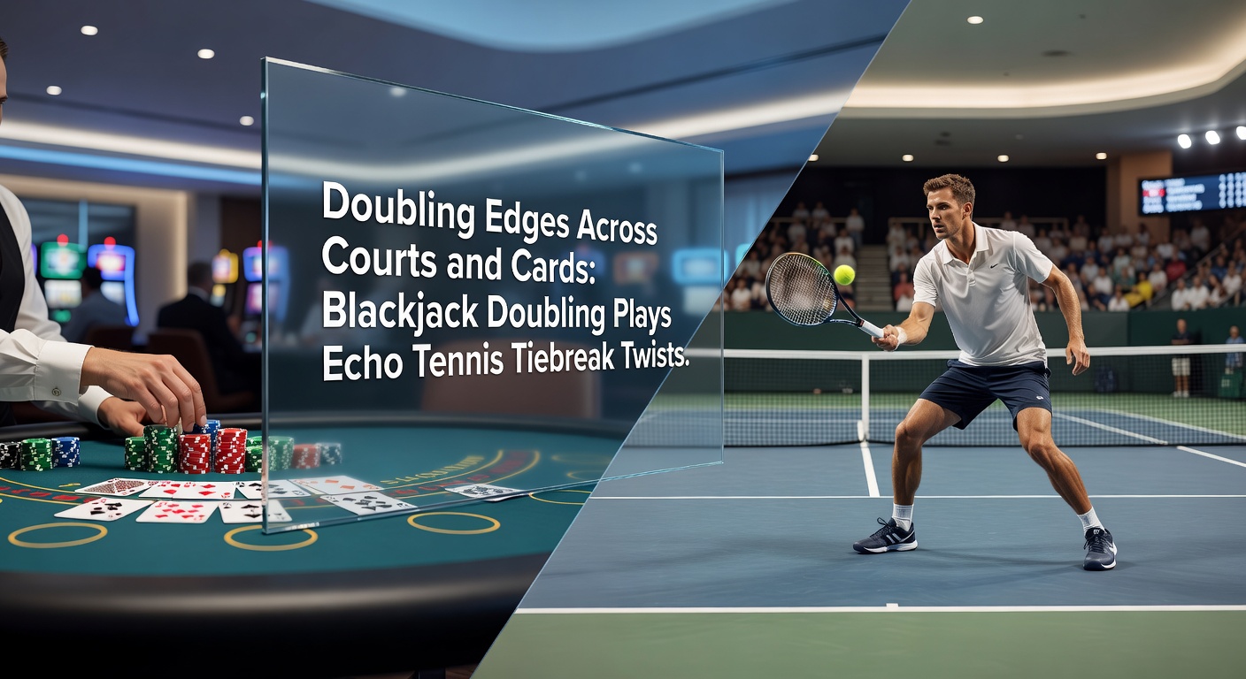Vergleichsgrafik mit Blackjack-Doubling-Charts neben Tennis-Tiebreak-Statistiken, die Wahrscheinlichkeiten und Strategien visuell verknüpft