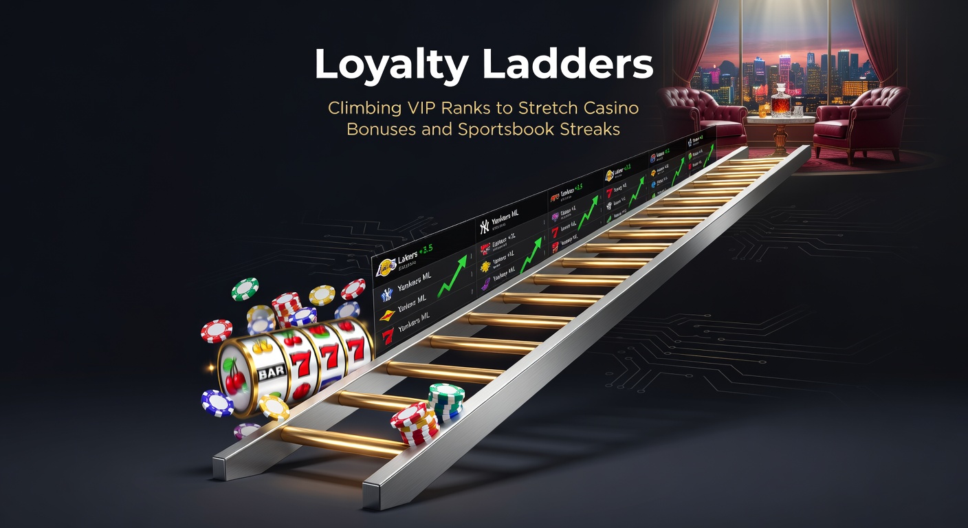 VIP-Spieler auf einer digitalen Leiter, umgeben von Casino-Chips und Sportwetten-Symbolen, die Fortschritt und Belohnungen darstellen