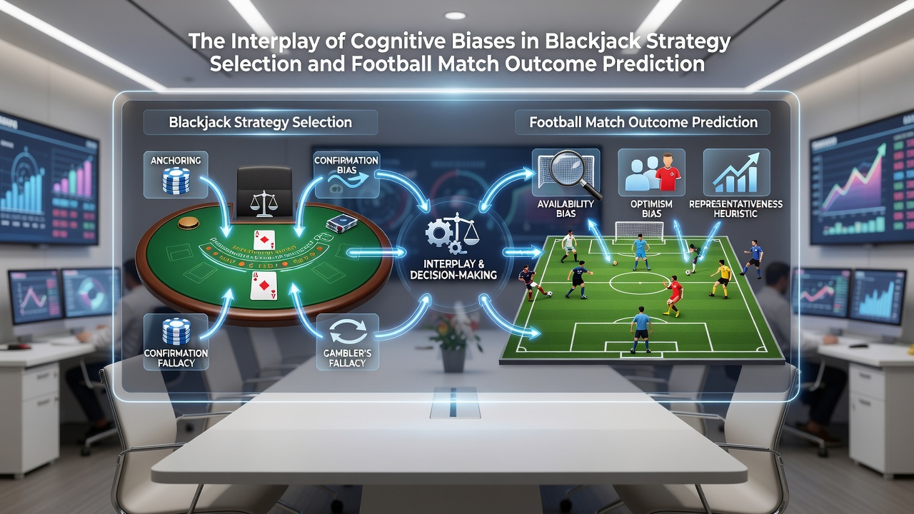 Schnittstelle einer mobilen App mit Blackjack und Fußballwetten sowie visuellen Hinweisen auf kognitive Verzerrungen